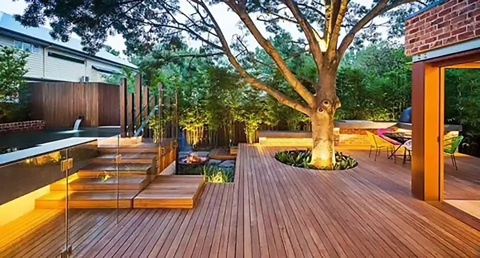 Custom Hardwood Deck Built Around Tree With Tiered Design